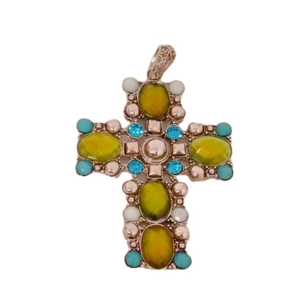 Estate Cross Pendant Blue Green Rhinestone Silver Tone Large Bohemian